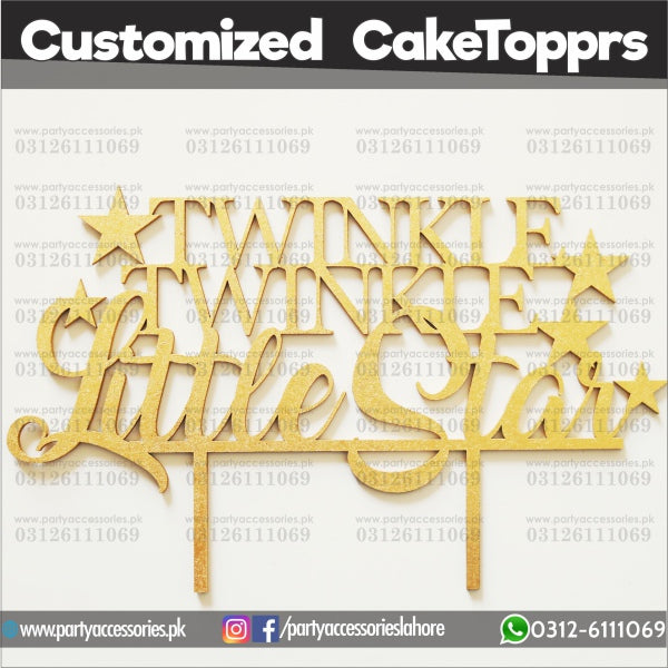 customized twinkle star theme golden wooden cake topper