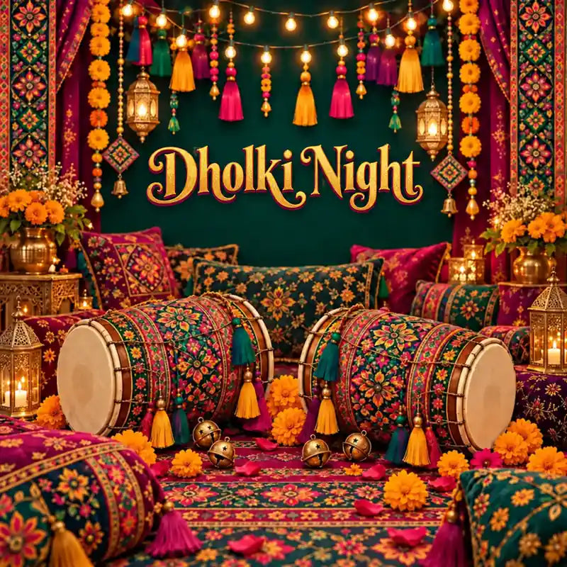 Festive Pakistani Dholki night setup with emerald décor, warm lights and traditional drums