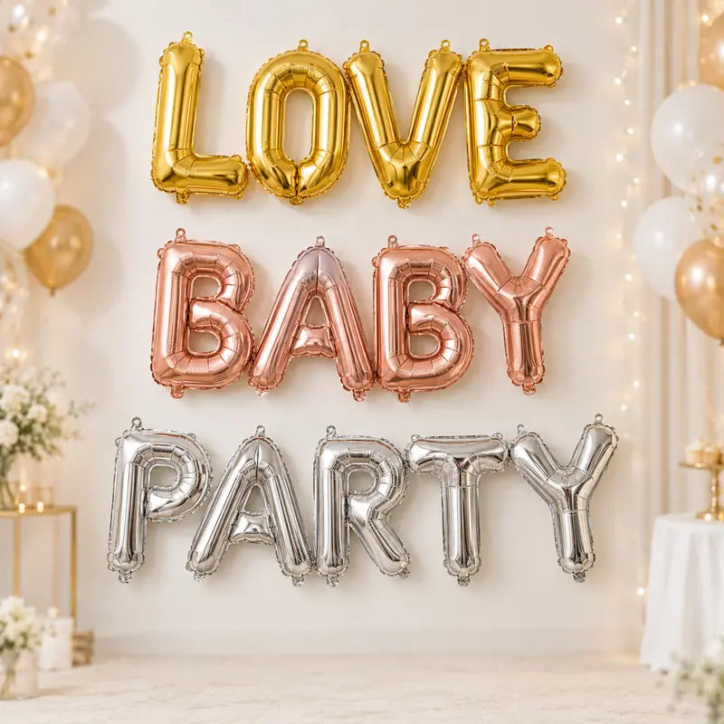 Gold, rose gold and silver foil word balloons spelling love, baby and party.