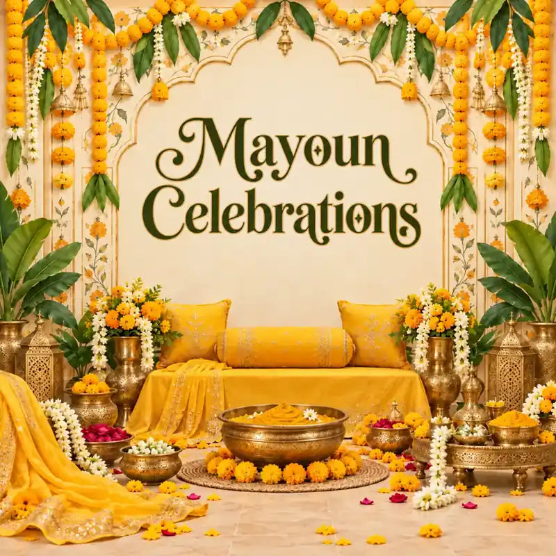 Traditional Pakistani Mayoun celebration setup with marigold flowers and yellow wedding décor