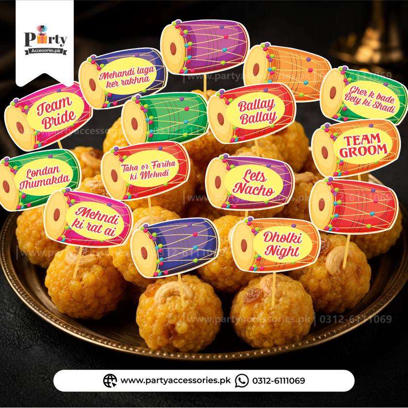Customized Dholki Mehndi Mithai Toppers – Wedding Sweet Cupcake & Dessert Picks (Pack of 15)