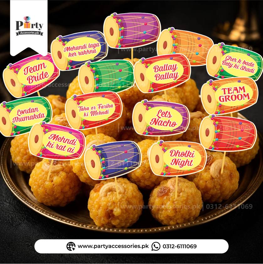 Customized Dholki Mehndi Mithai Toppers – Wedding Sweet Cupcake & Dessert Picks (Pack of 15)