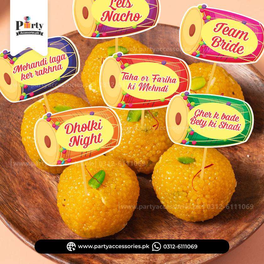 Customized Dholki Mehndi Mithai Toppers – Wedding Sweet Cupcake & Dessert Picks (Pack of 15)