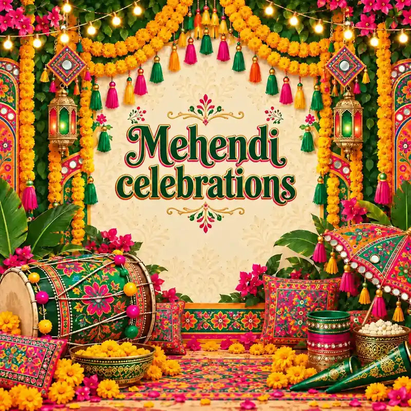 Colorful Pakistani Mehendi celebration setup with vibrant floral and traditional wedding décor