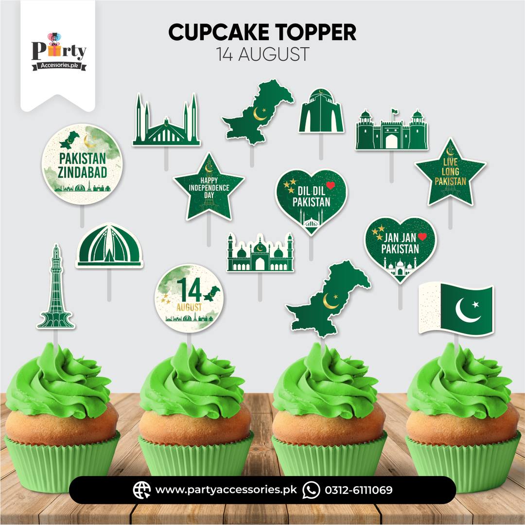 14 August Theme Cupcake Toppers for Pakistan Independence Day Party Decorations
