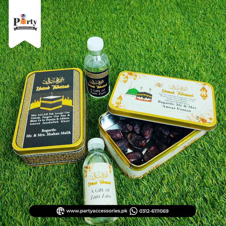 Customized Umrah Tabaruk Distribution Tin Boxes with Zam Zam Bottles