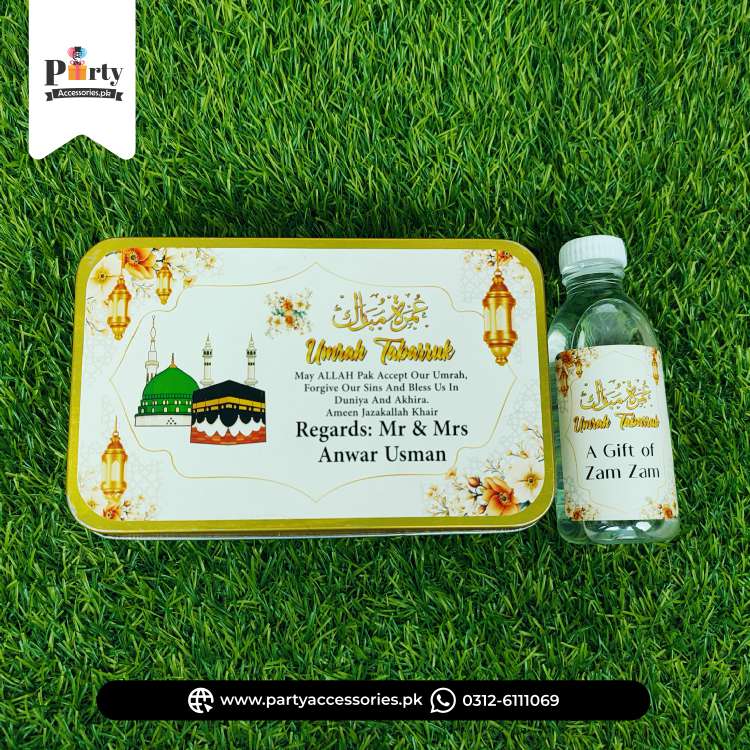 Umrah Tabaruk Distribution Tin Boxes with Zam Zam Bottles