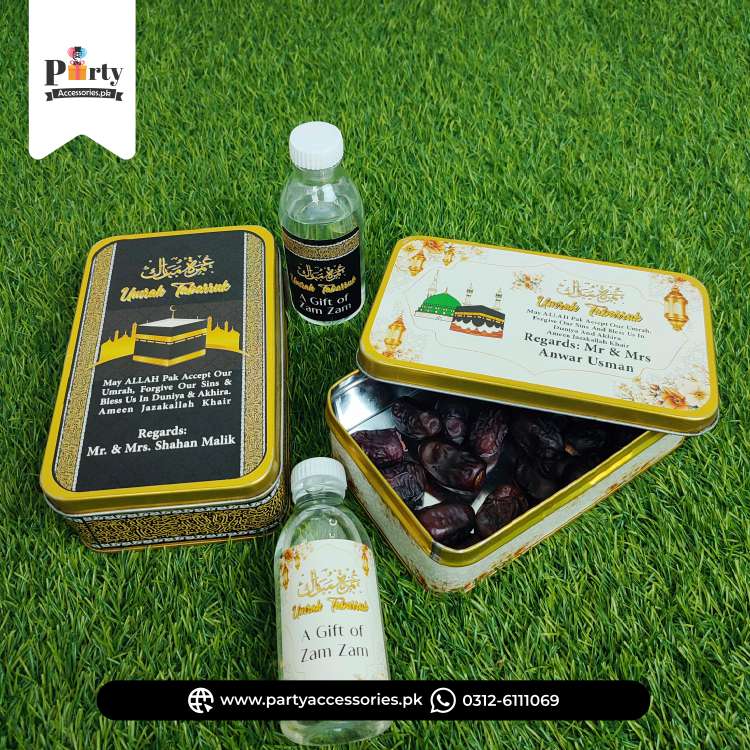Customized Umrah Tabaruk Distribution Tin Boxes with Zam Zam Bottles | Pack of 6