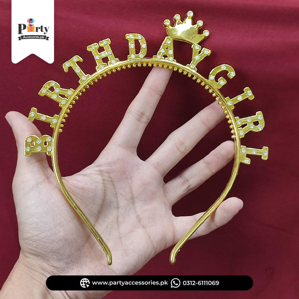 Golden "Birthday Girl" Tiara Headband with Crown & Pearls