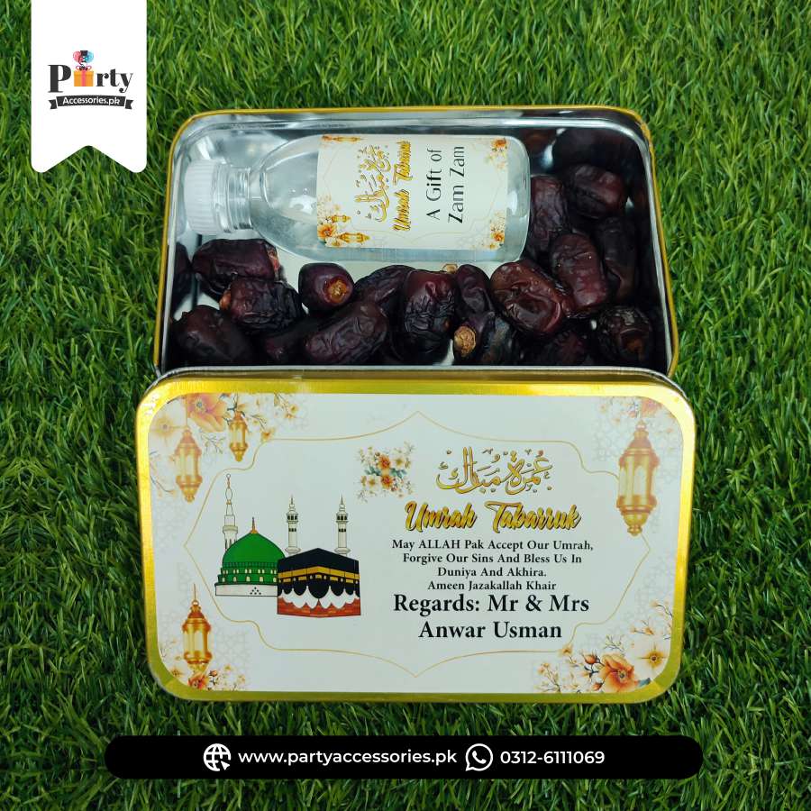 Customized Umrah Tabaruk Distribution Tin Boxes with Zam Zam Bottles