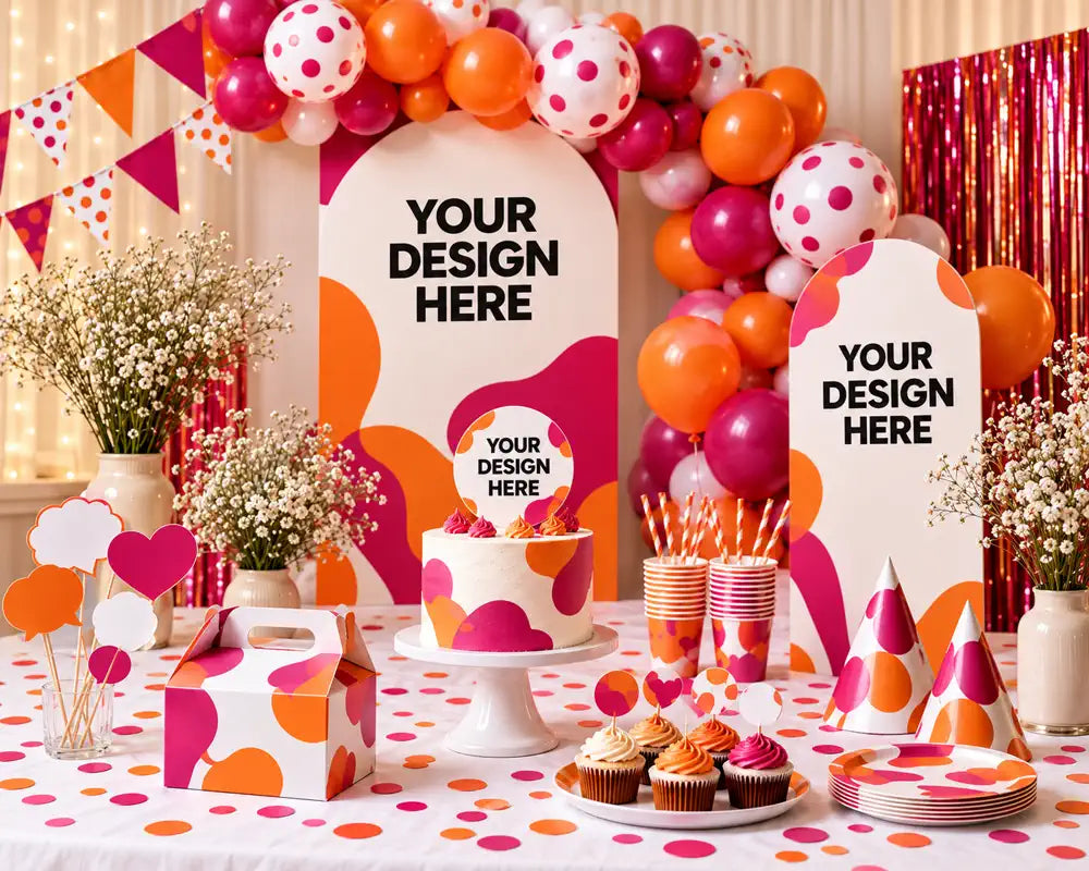 Customized party decorations in orange and pink