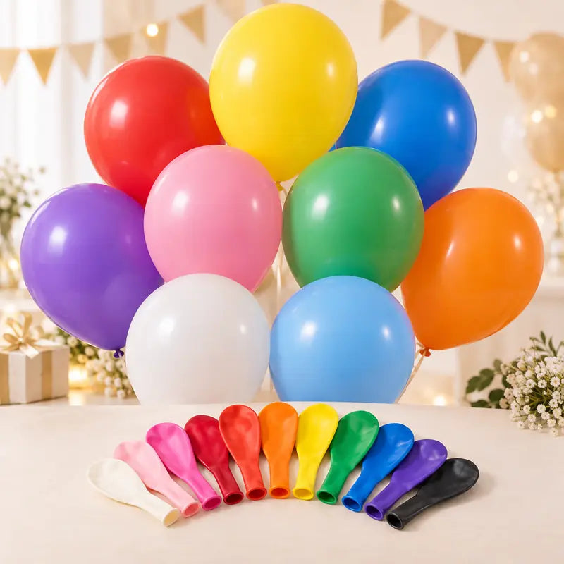 Colorful plain latex balloons displayed with uninflated balloon samples for party decoration.
