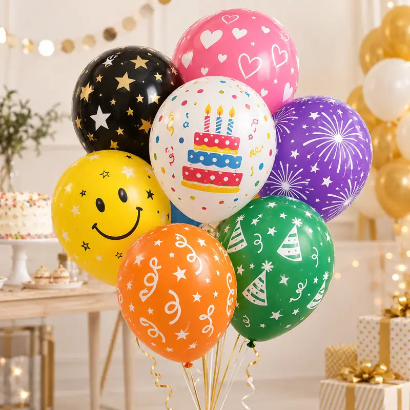 Assorted printed latex birthday balloons with stars, hearts, cake and celebration patterns.