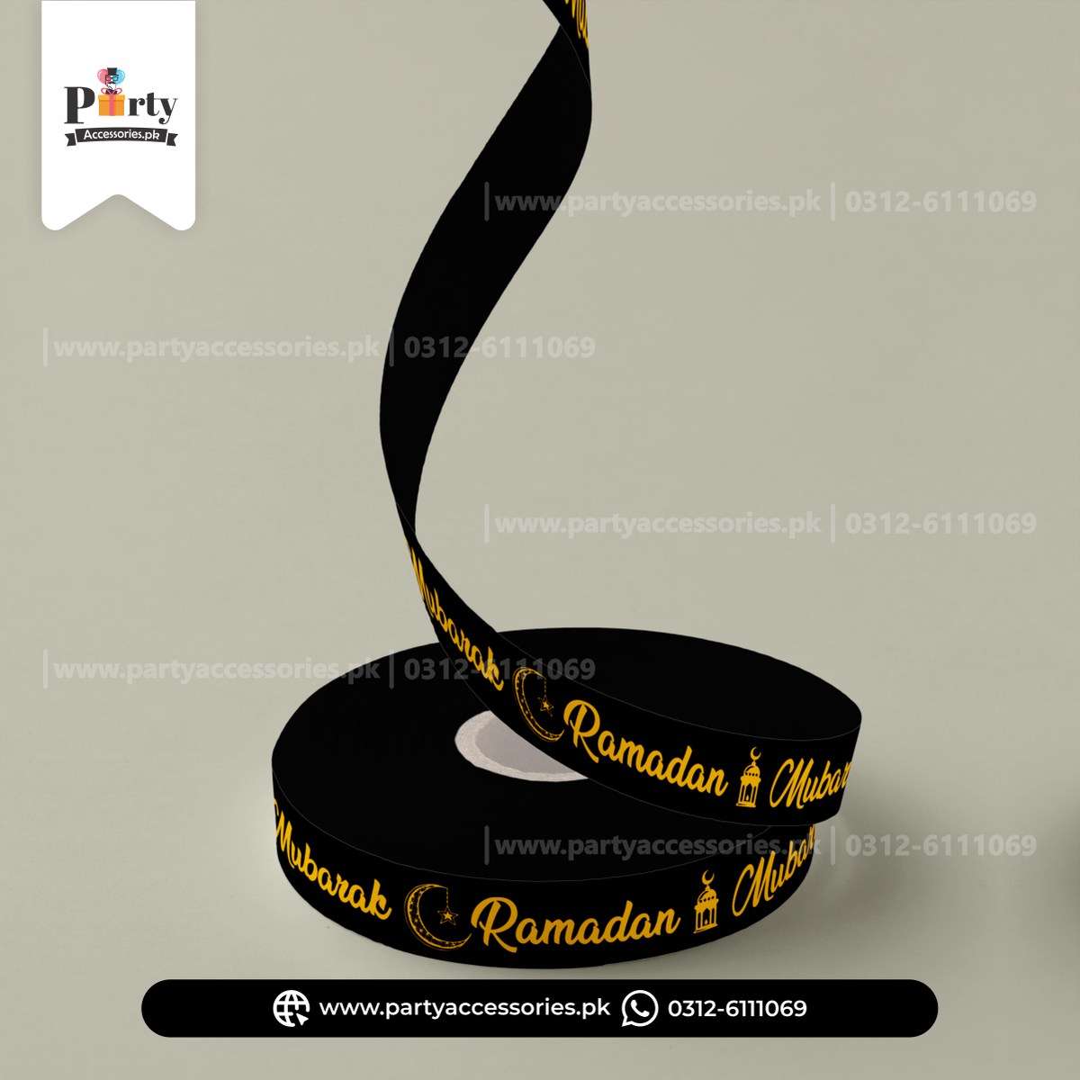 Ramadan Mubarak Printed Ribbon – Black & Gold