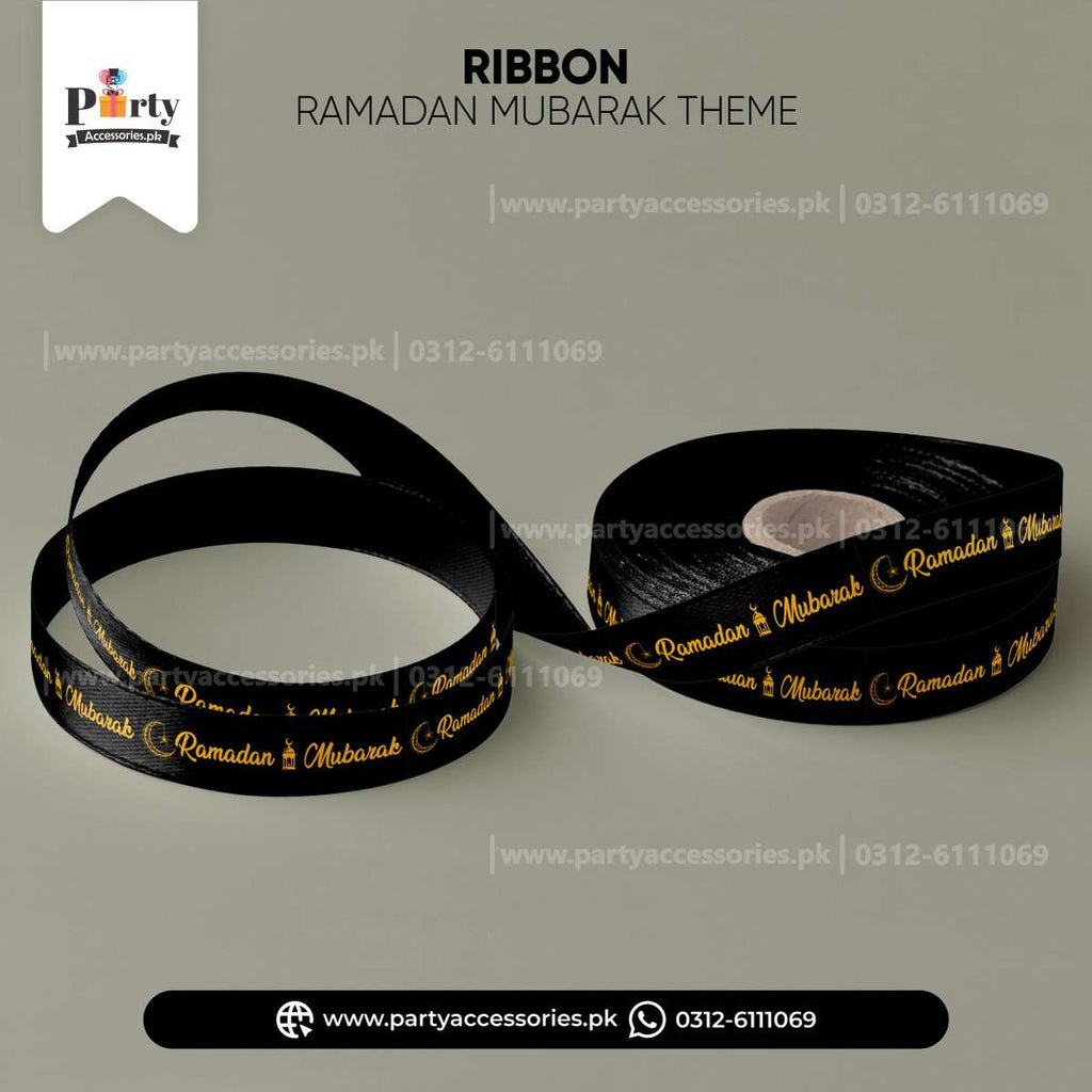 Ramadan Mubarak Printed Ribbon – Premium Black & Gold Gift Wrap Ribbon (30 ft)