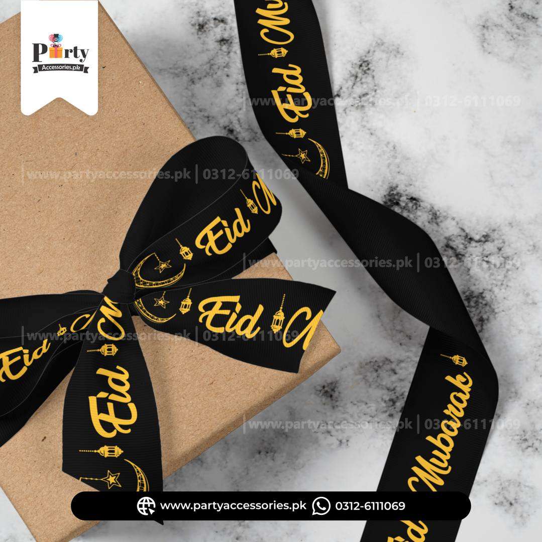 Eid Mubarak Printed Ribbon – Premium Black & Gold Gift Wrap Ribbon (30 ft)