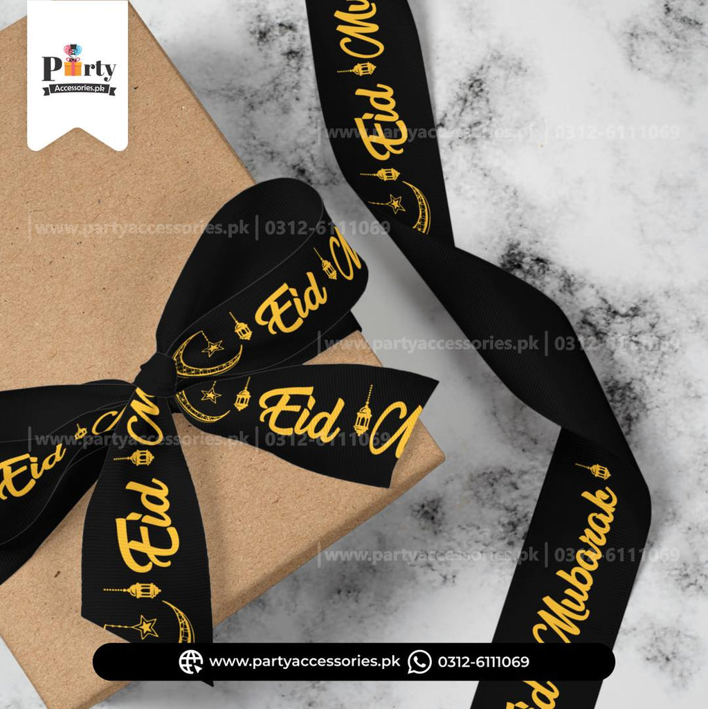Eid Mubarak Printed Ribbon – Premium Black & Gold Gift Wrap Ribbon (30 ft)