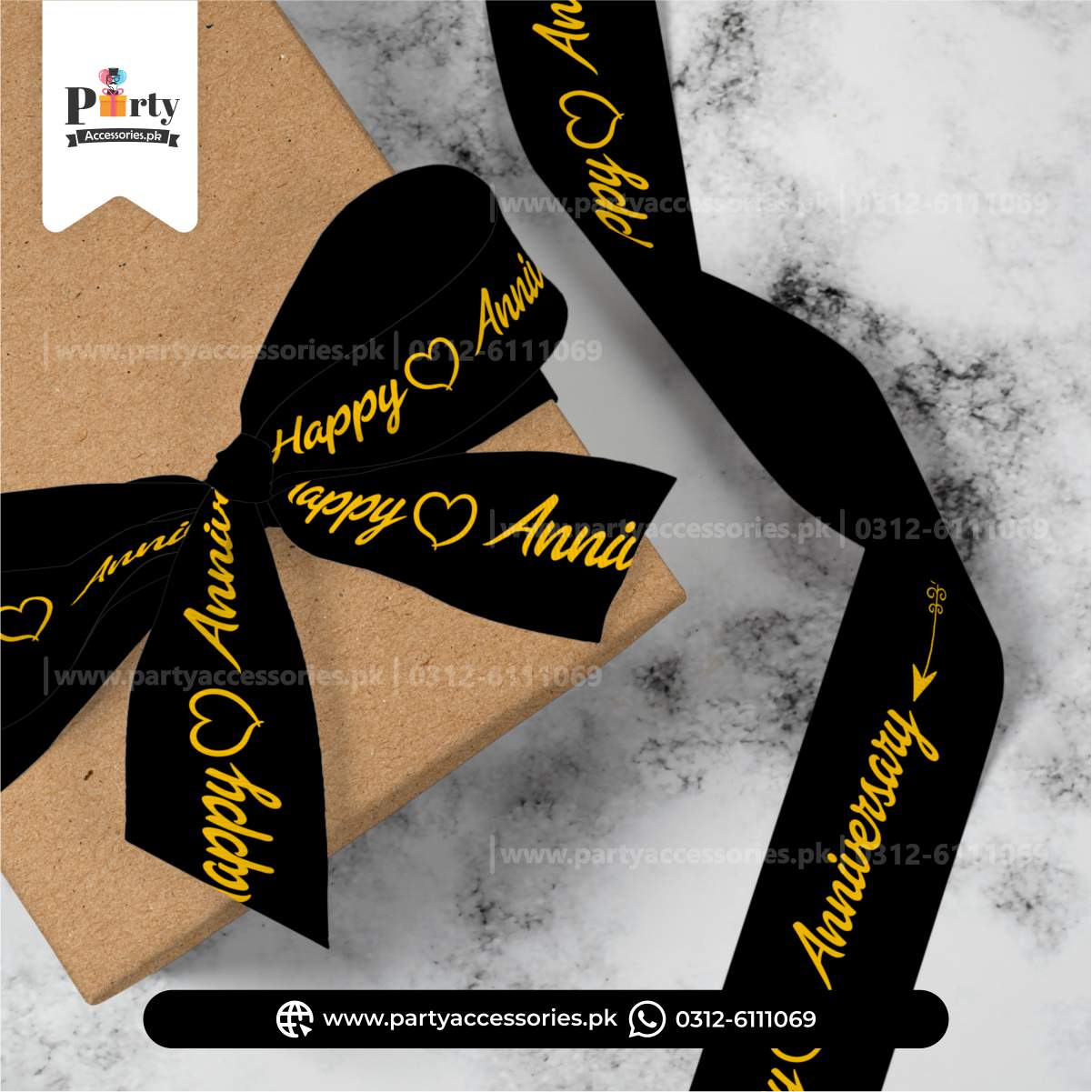 Happy Anniversary Premium Decorative Ribbon – Black & Gold Gift Wrapping Ribbon 