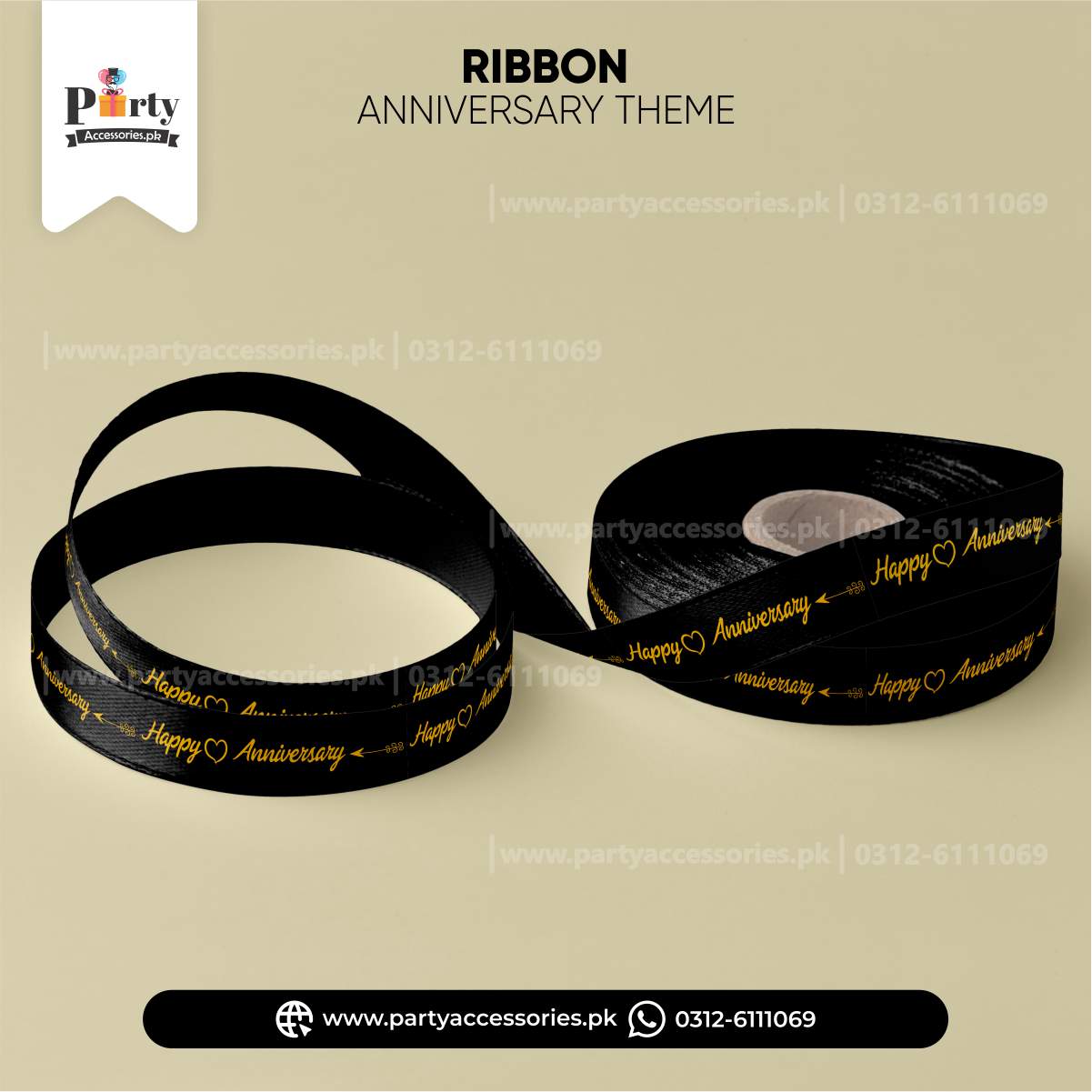 Happy Anniversary Black & Gold Gift Wrapping Ribbon