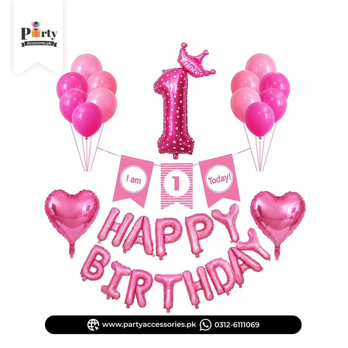 Pink First Birthday Decoration Kit – Complete Balloon Set for Baby Girl