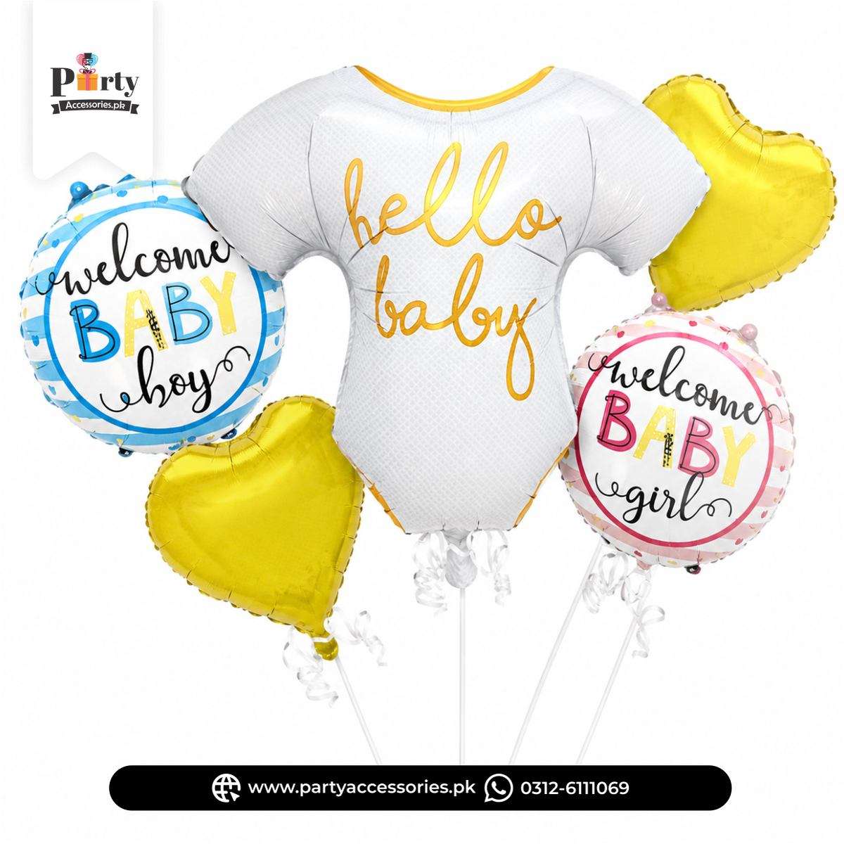 Welcome baby foil balloons set for gender reveal celebration