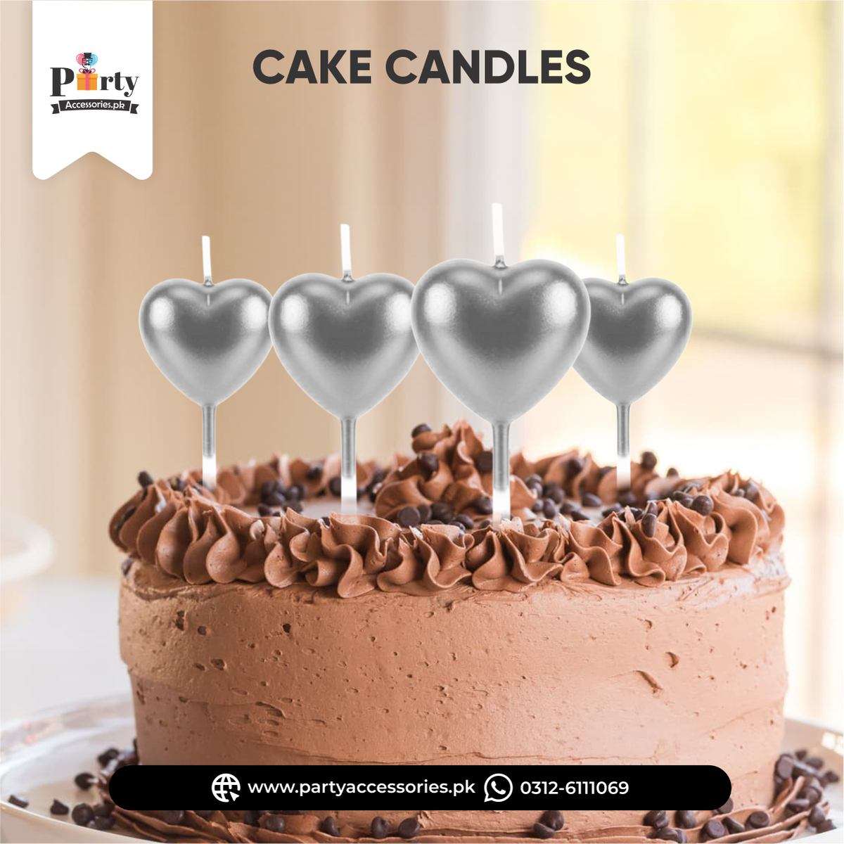 Silver heart candles for birthday cake decoration