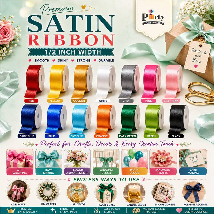1/2" (0.5inch) Satin Ribbon Roll for Gift Wrapping, Crafts & Party Decoration