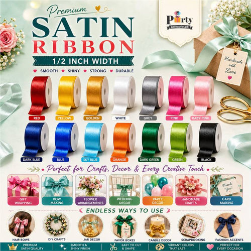 1/2" (0.5inch) Satin Ribbon Roll for Gift Wrapping, Crafts & Party Decoration