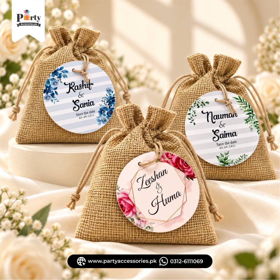 Nikkah Bid Boxes | Jute bid pouches with customized tags | floral round tag |