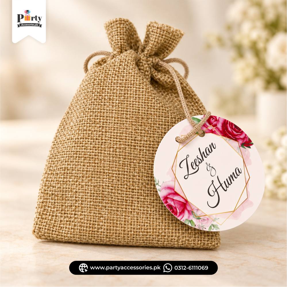 Nikkah Bid Boxes | Jute bid pouches with customized tags | floral