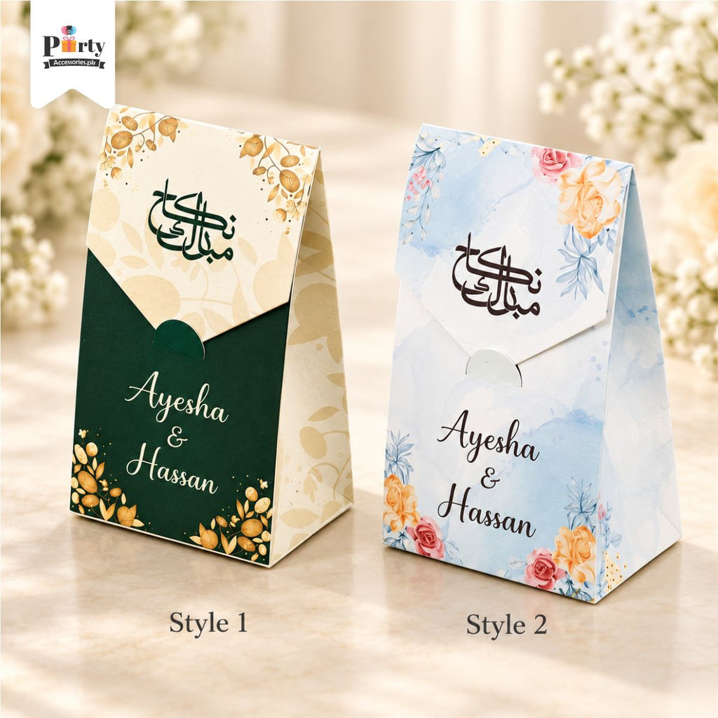 Personalized bag-style Bidh box with Nikkah Mubarak print and custom names