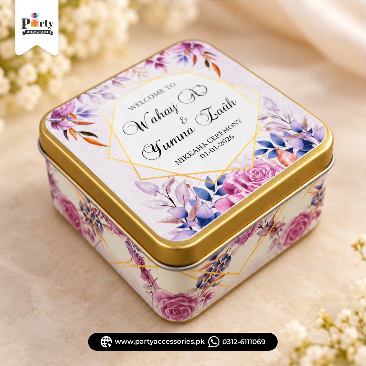 Personalized Square Metal Tin Bidh Boxes – Pack of 12