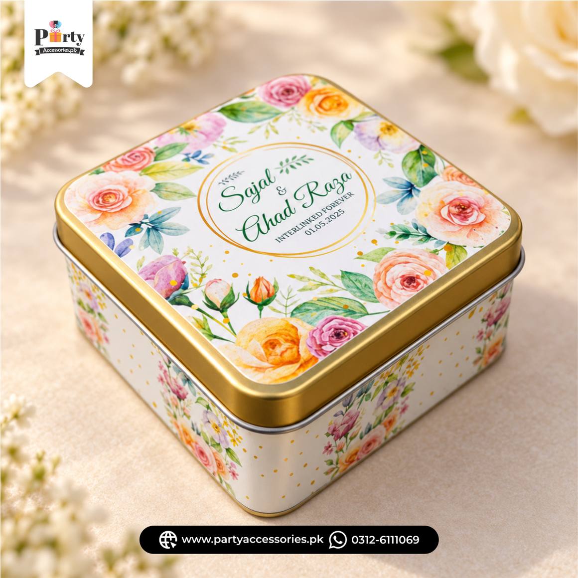 Personalized Square Metal Tin Bidh Boxes – Pack of 12