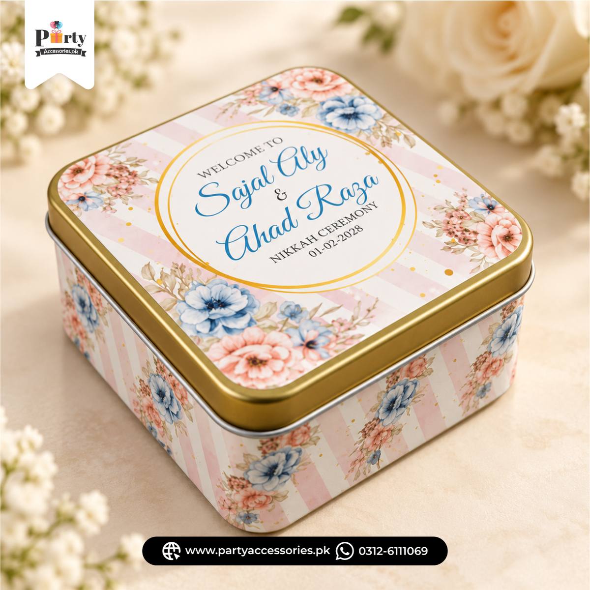 Personalized Square Metal Tin Bidh Boxes – Pack of 12