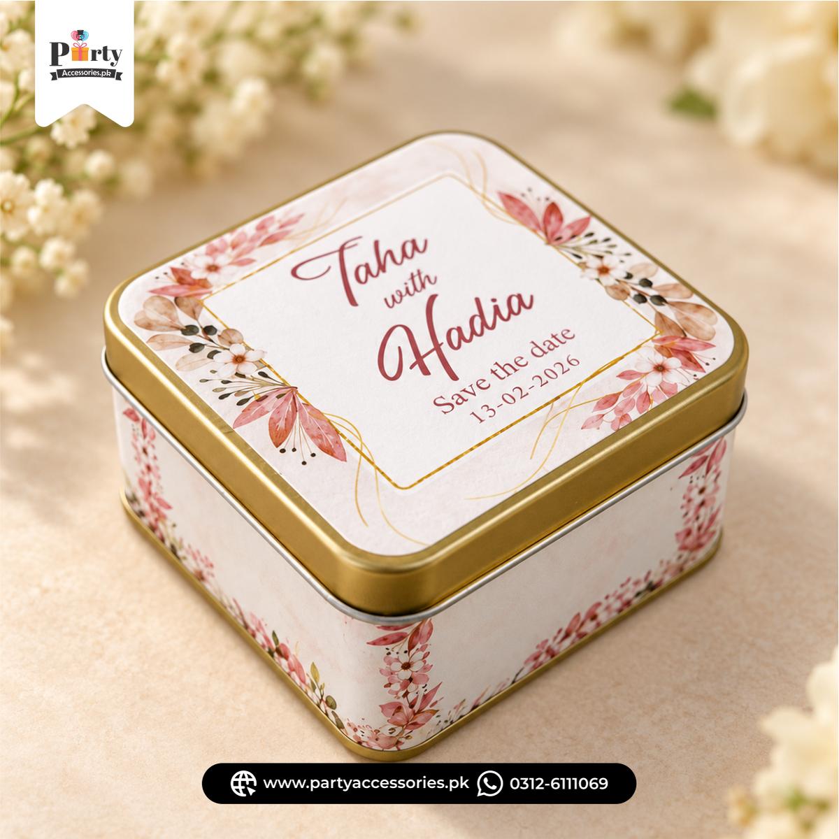 Personalized Square Metal Tin Bidh Boxes – Pack of 12