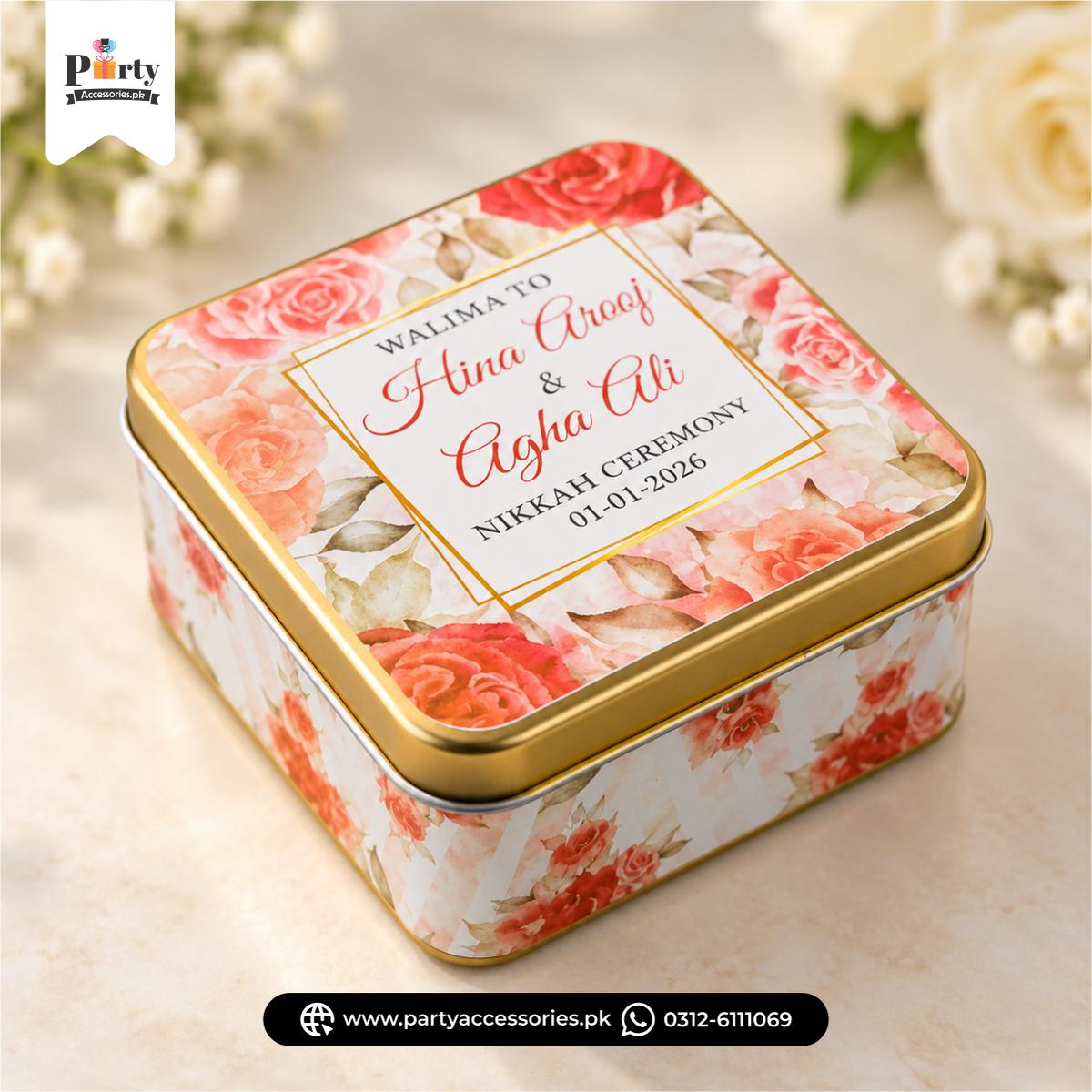 Personalized Square Metal Tin Bidh Boxes – Pack of 12