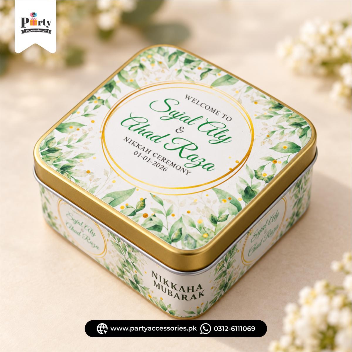 Personalized Square Metal Tin Bidh Boxes – Pack of 12