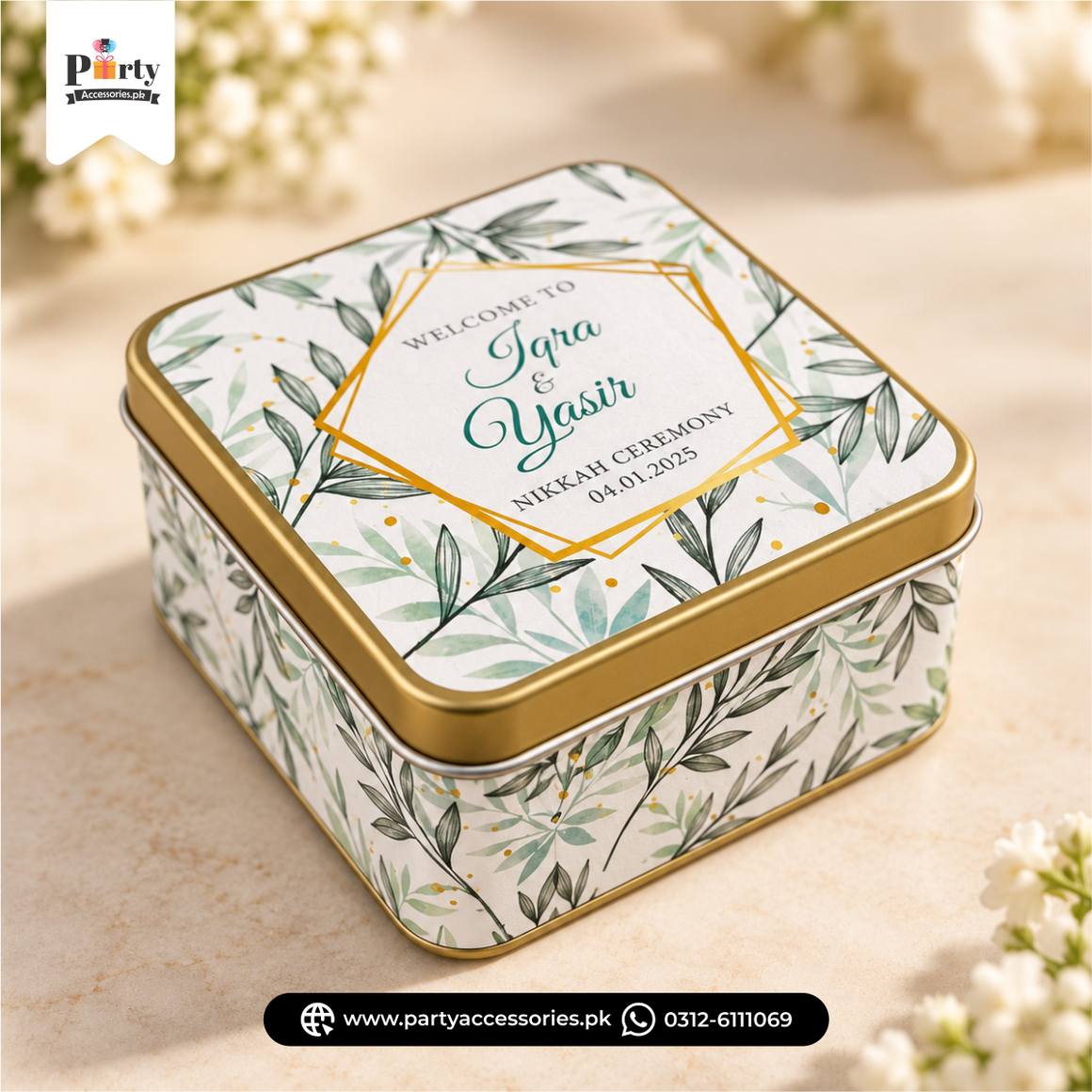 Personalized Square Metal Tin Bidh Boxes – Pack of 12