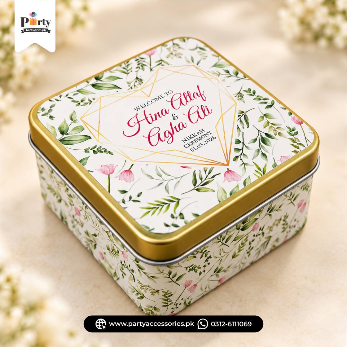 Personalized Square Metal Tin Bidh Boxes – Pack of 12