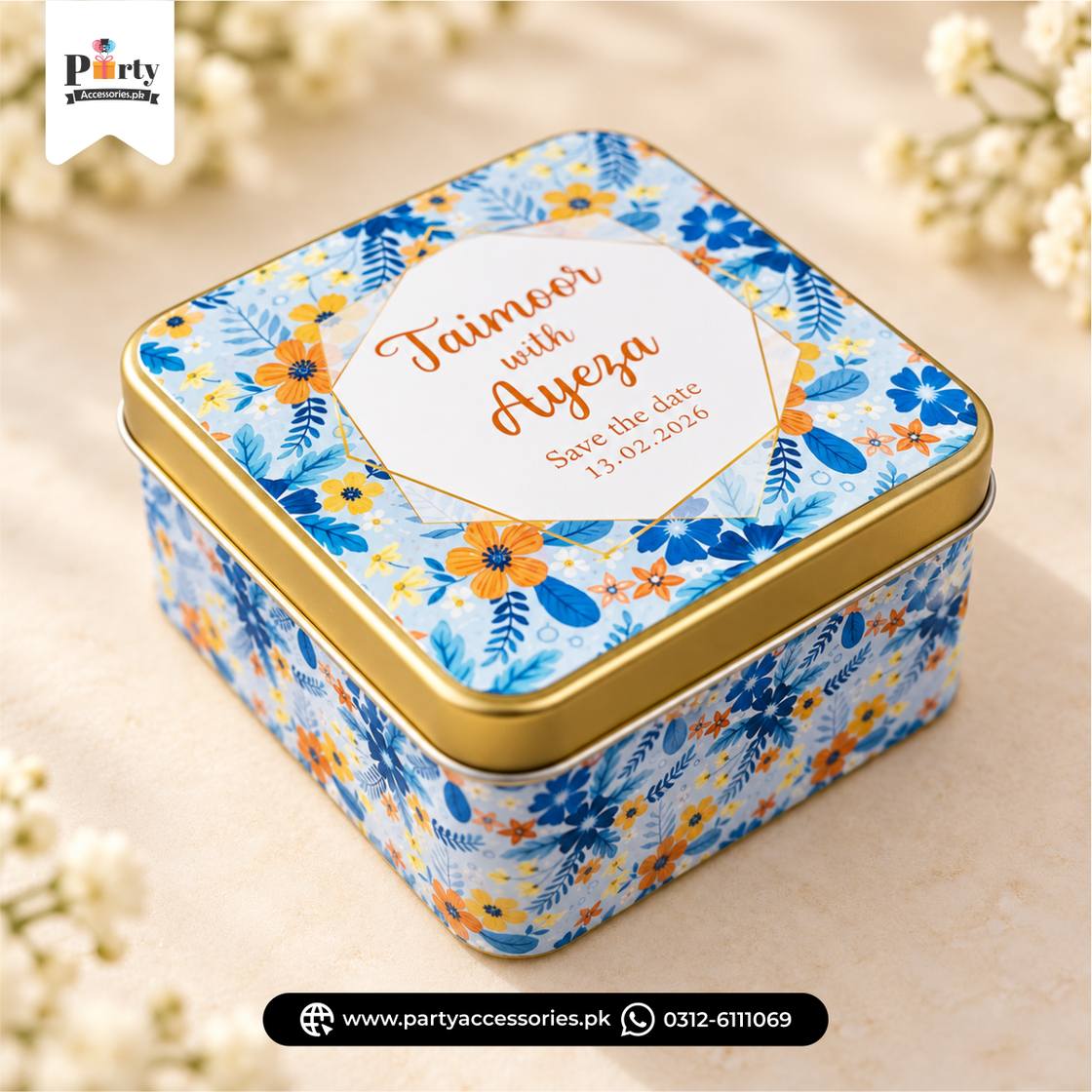 Personalized Square Metal Tin Bidh Boxes – Pack of 12