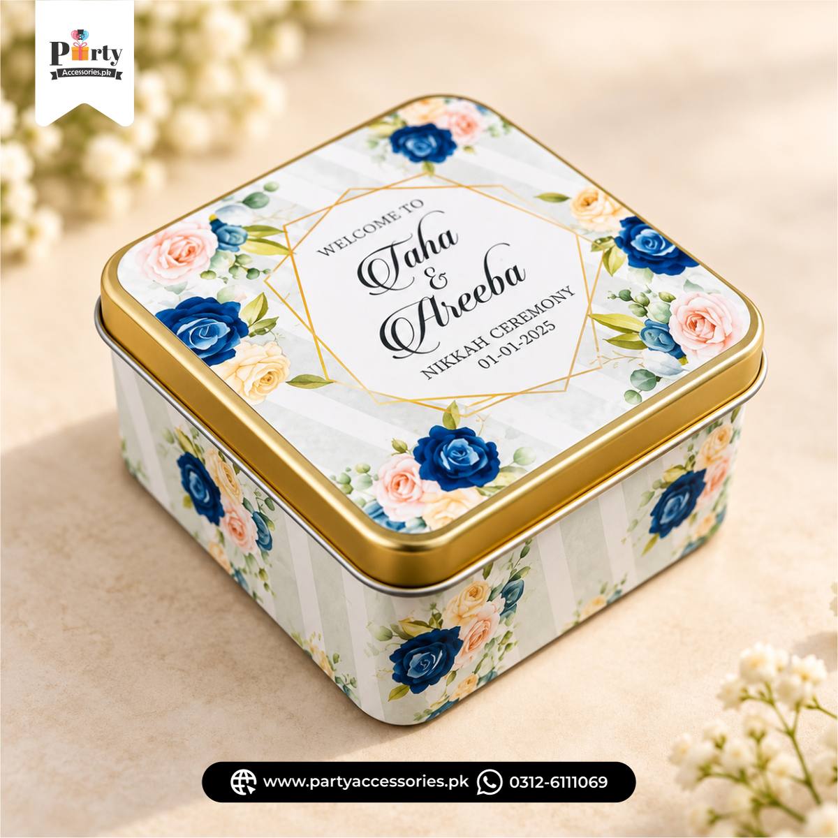Personalized Square Metal Tin Bidh Boxes – Pack of 12