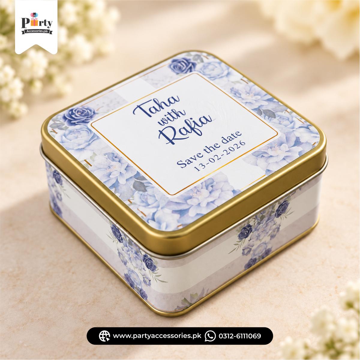 Personalized Square Metal Tin Bidh Boxes – Pack of 12