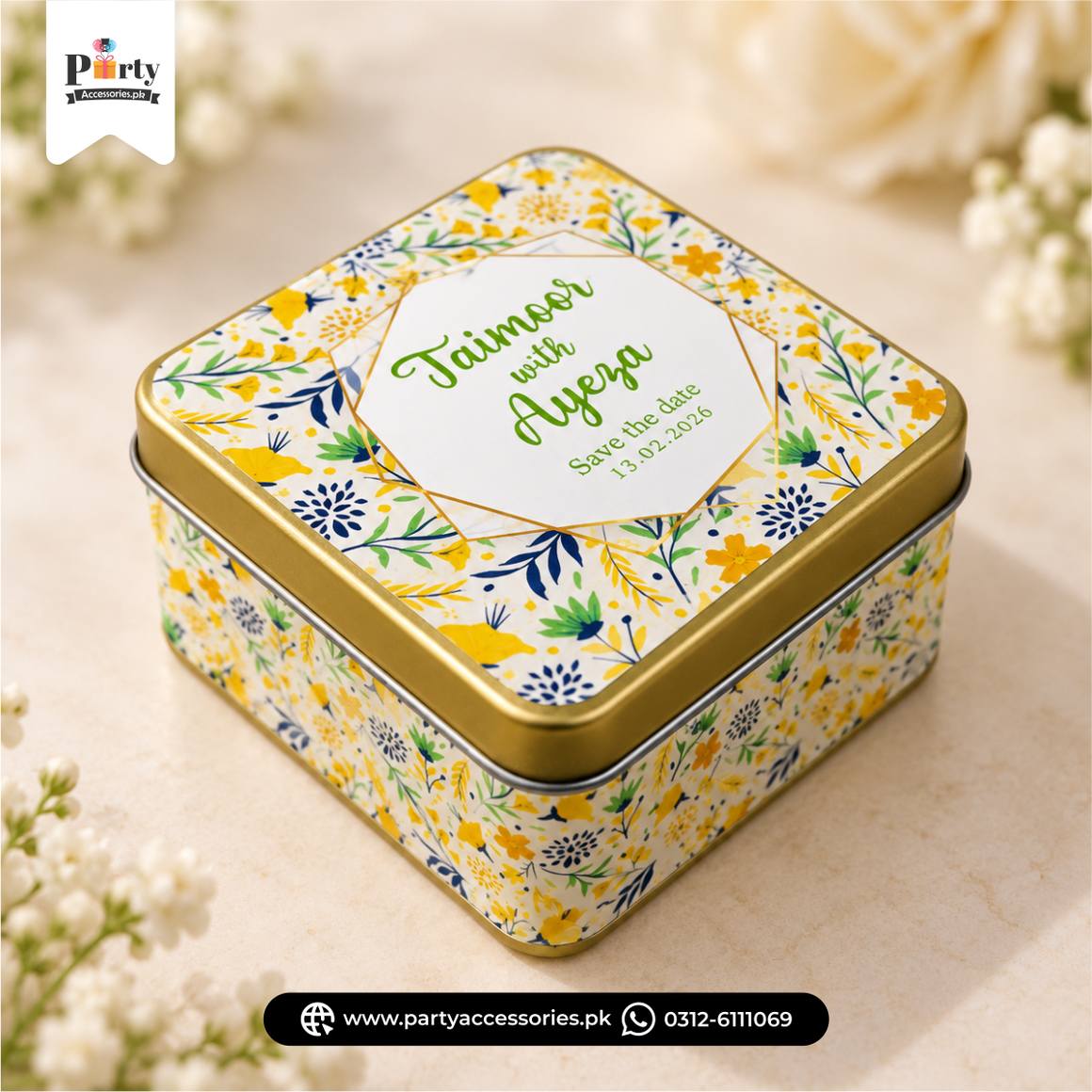 Personalized Square Metal Tin Bidh Boxes – Pack of 12