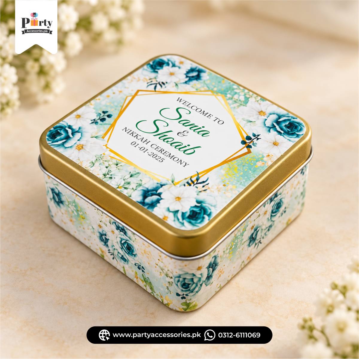 Personalized Square Metal Tin Bidh Boxes – Pack of 12
