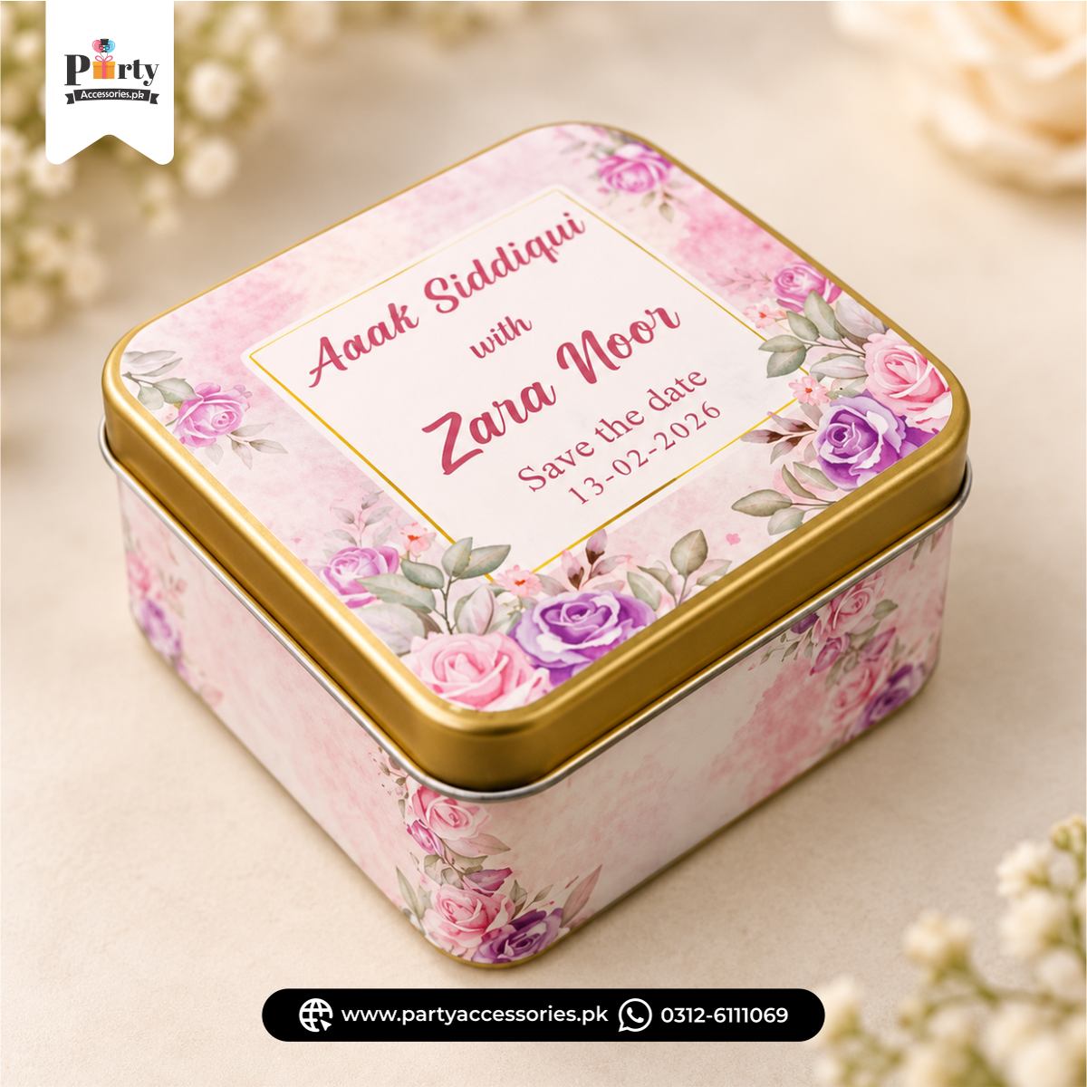 Personalized Square Metal Tin Bidh Boxes – Pack of 12