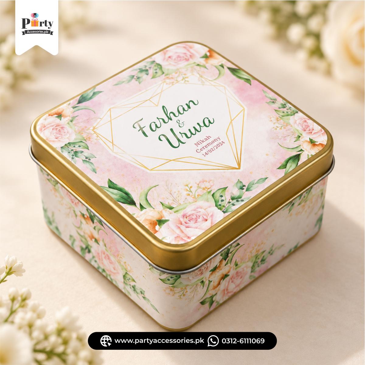 Personalized Square Metal Tin Bidh Boxes – Pack of 12