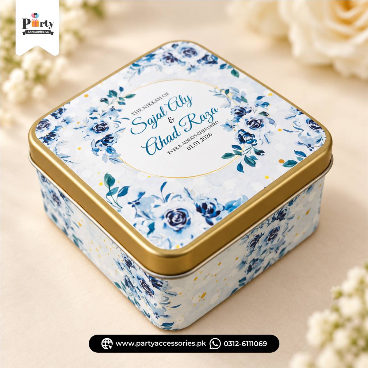Personalized Square Metal Tin Bidh Boxes – Pack of 12