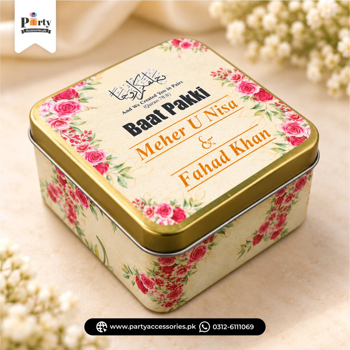 Personalized Square Metal Tin Bidh Boxes – Pack of 12
