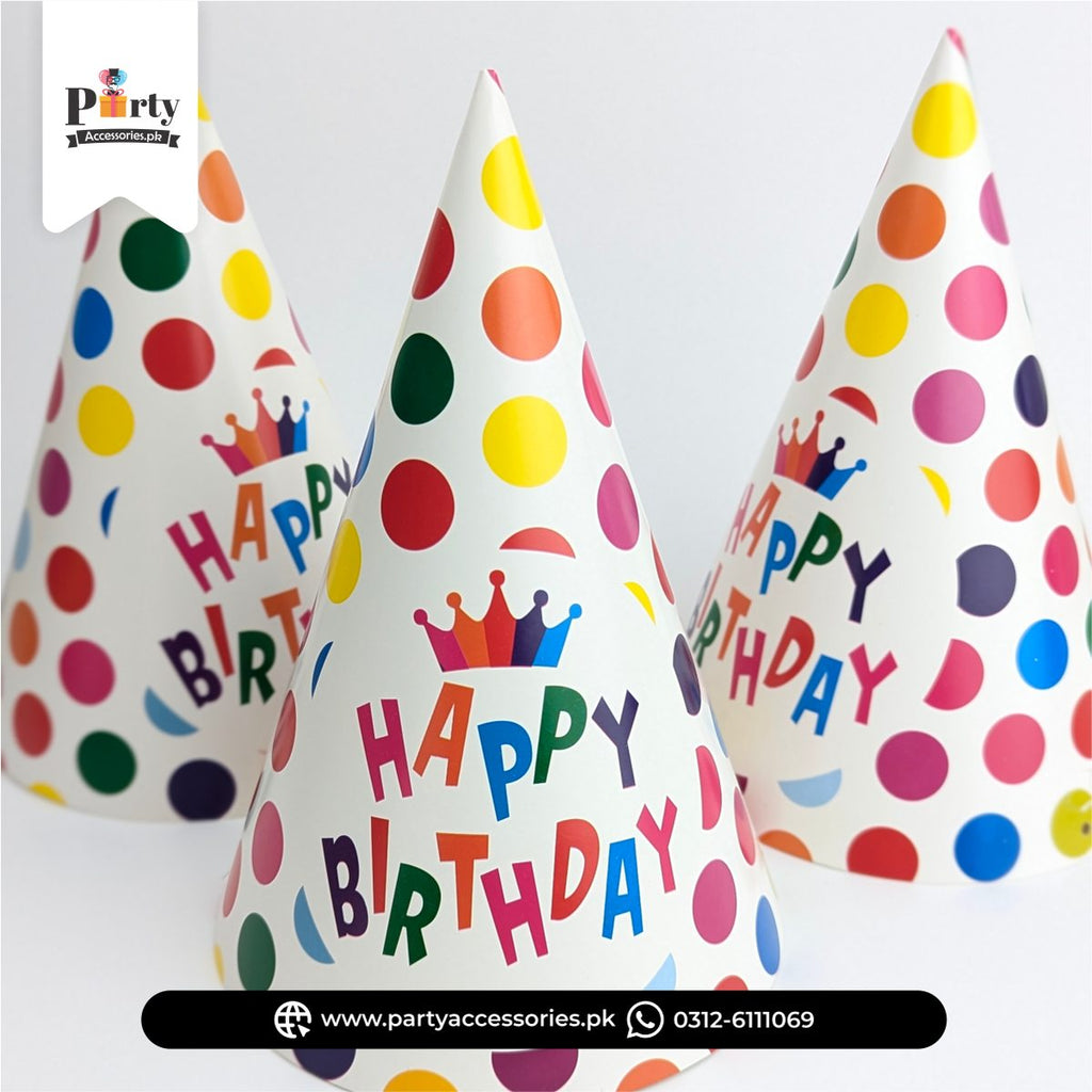 Happy Birthday Polka Dot Party Hats – Colorful Cone Caps