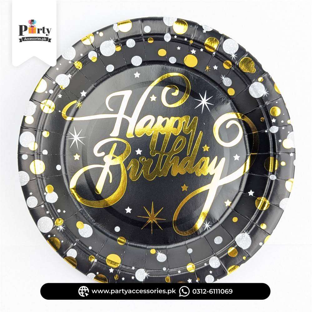Black & Golden Happy Birthday Disposable Plates